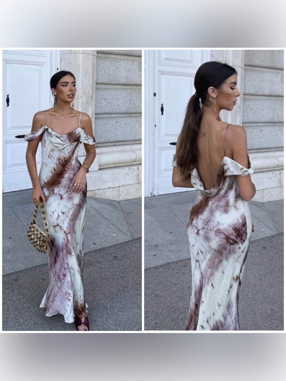 NWT- ZARA Satin Tie-Dye Maxi Slip Dress Off Shoulder Purple Cream Sz XL